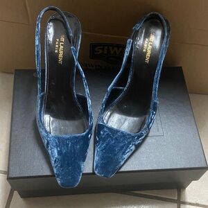 Saint Laurent Women's Blade Blue Velvet Slingback Pumps